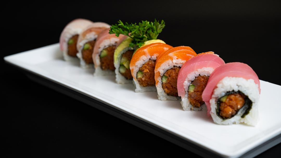 Order Fire Rainbow Roll food online from Jin Sushi store, Downey on bringmethat.com
