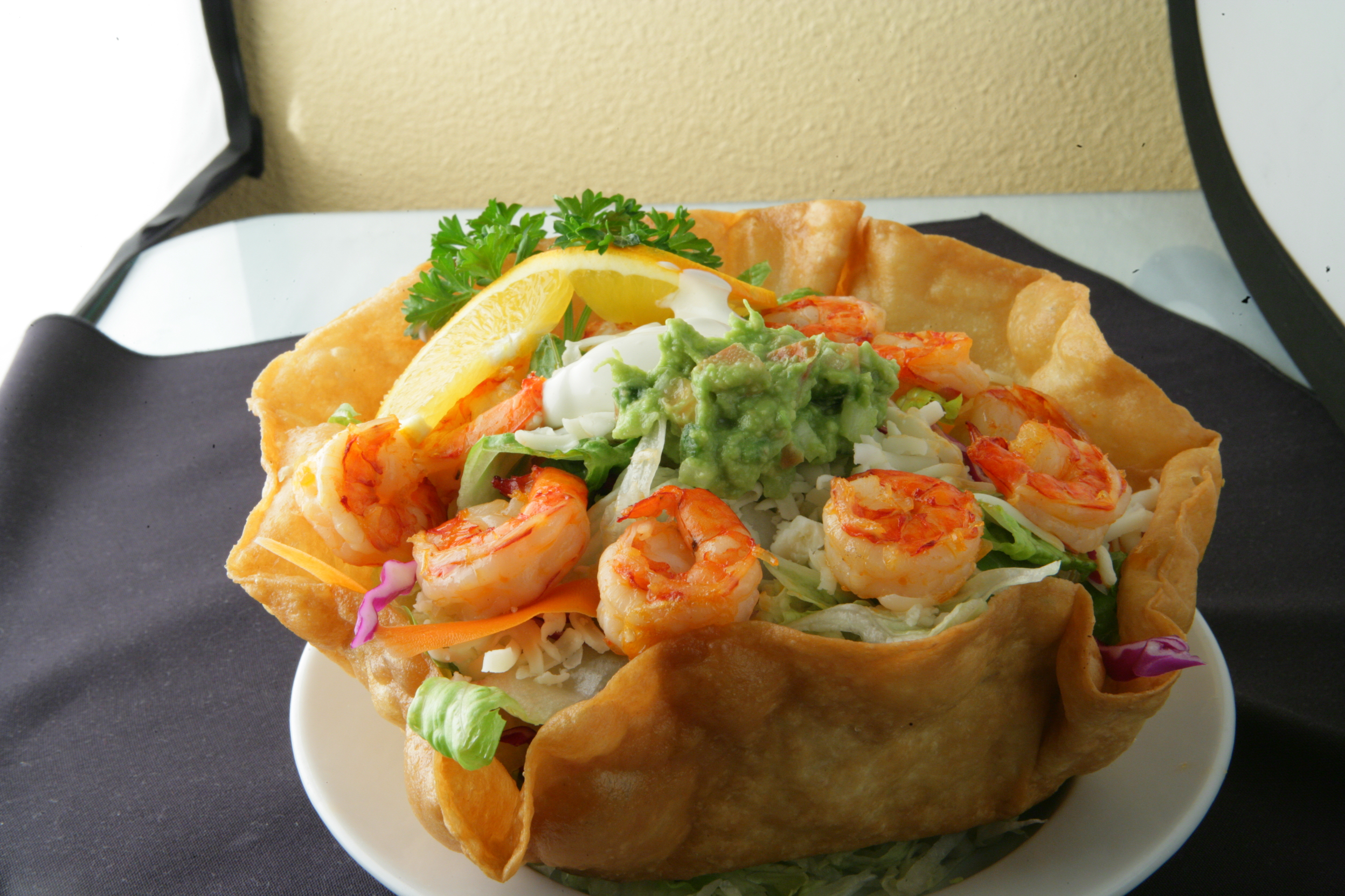Order Shrimp Tostada Salad food online from Chapala Mexican Restaurant store, Brentwood on bringmethat.com