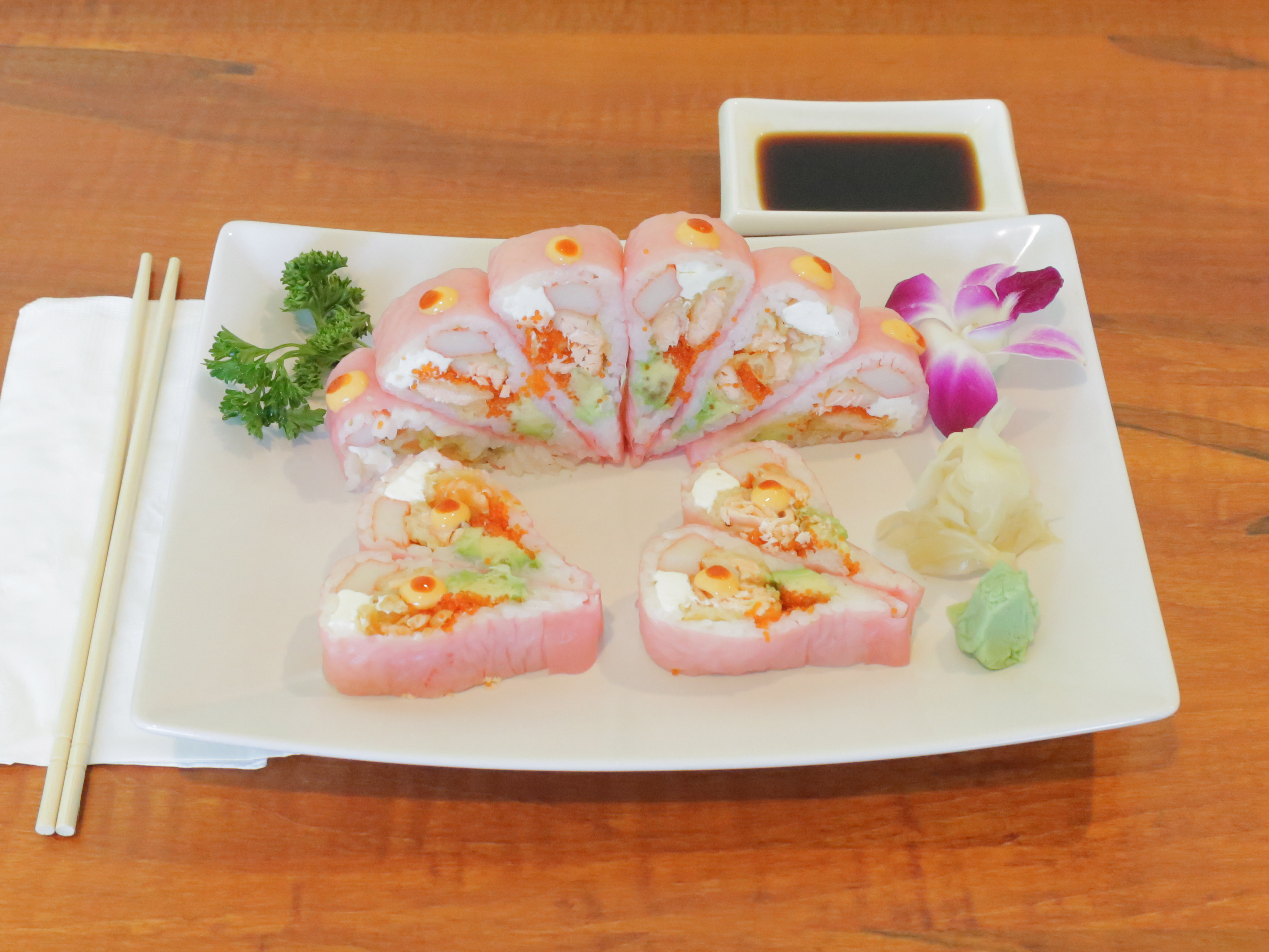 Order 72. Pink Lady Maki food online from Minzu Sushi store, Salem on bringmethat.com