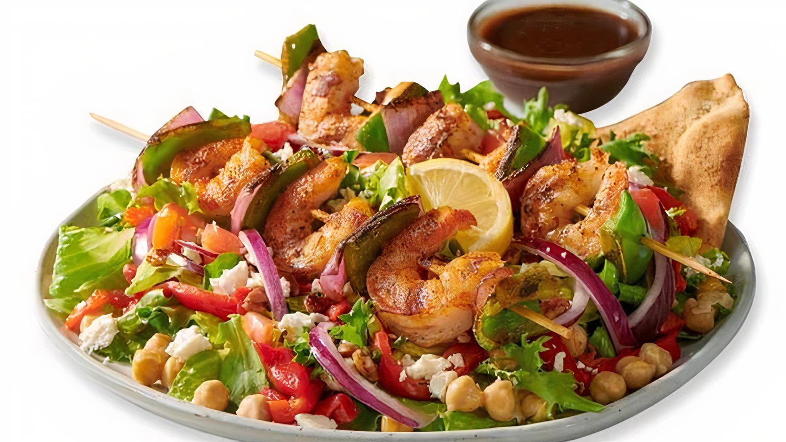 Order Mediterranean Salad with Grilled Shrimp Kebob food online from Taziki Cafe store, Tuscaloosa on bringmethat.com