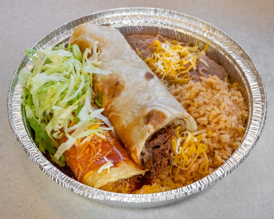 Order 7. Shredded Beef Burrito and Enchilada Combination Plate food online from Rancheritos store, Riverton on bringmethat.com