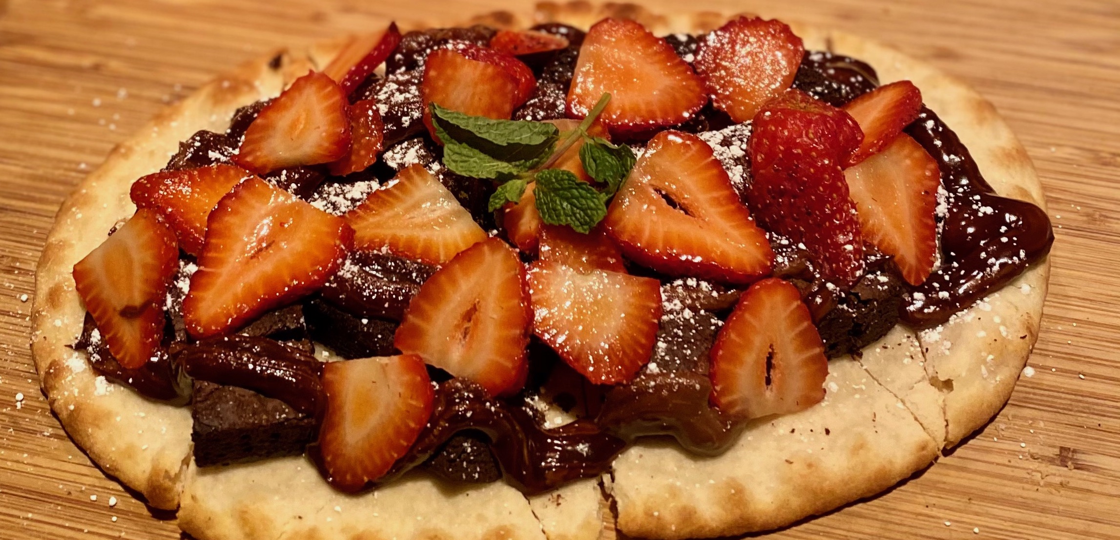 Order Fudge Brownie and Strawberry Flatbread food online from La Bowls And Breads store, Los Angeles on bringmethat.com