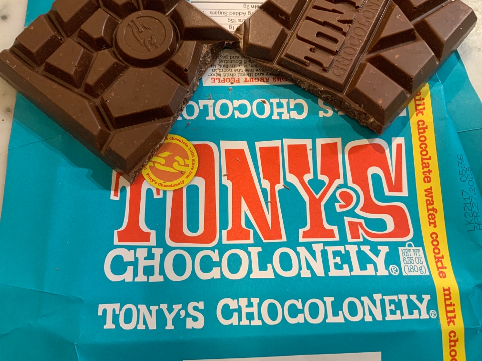 Order Tony’s Chocolonely: 32% Milk Chocolate Wafer Cookie Bar food online from The Sweet Shop Nyc store, New York on bringmethat.com