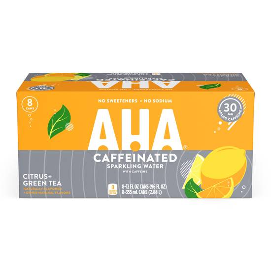 Order AHA Sparkling Citrus + Green Tea Flavored Water with Caffeine & Electrolytes, 12 OZ Cans, 8 PK food online from CVS store, CARMICHAEL on bringmethat.com