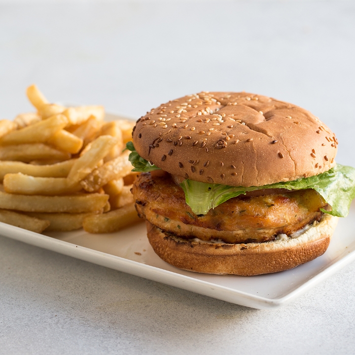 Order Salmon Burger food online from Central Perk Cafe store, Cedarhurst on bringmethat.com
