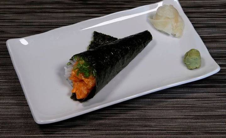 Order Spicy Salmon Hand Roll with Green Onion food online from Fujisan store, El Centro on bringmethat.com
