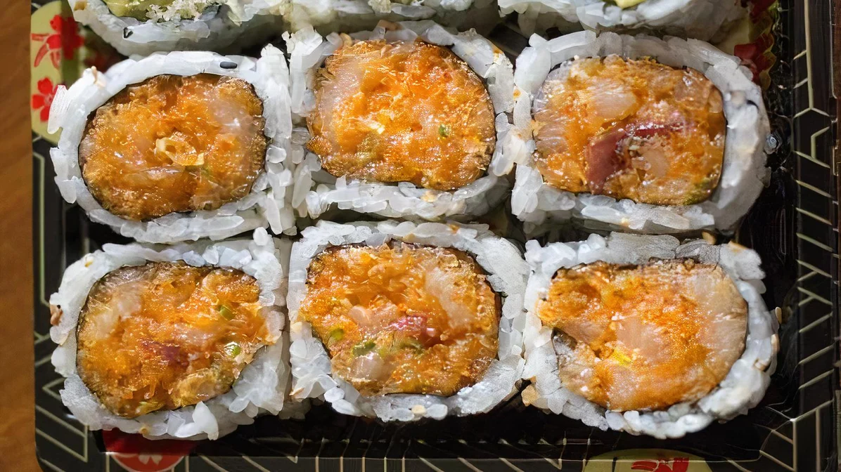 Order Crunchy Spicy Yellowtail Roll food online from Iron Chef store, Phoenix on bringmethat.com