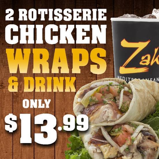 Order 2 Rotisserie Chicken Wraps & 1 Drink food online from Zaky Mediterranean Grill store, Ontario on bringmethat.com