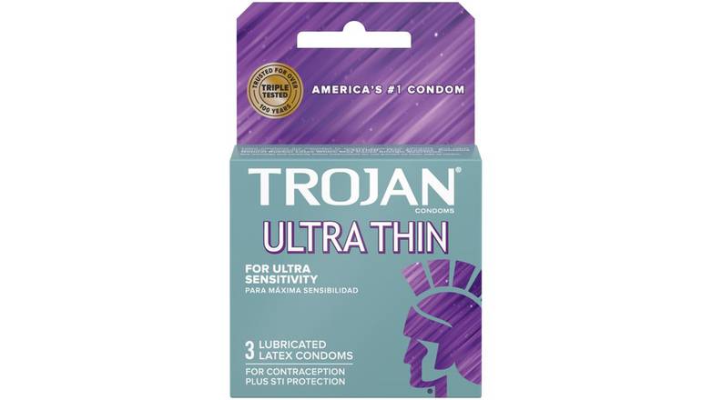 Order Trojan Ultra Thin Lubricated Condoms 3 Count food online from Trumbull Mobil store, Trumbull on bringmethat.com