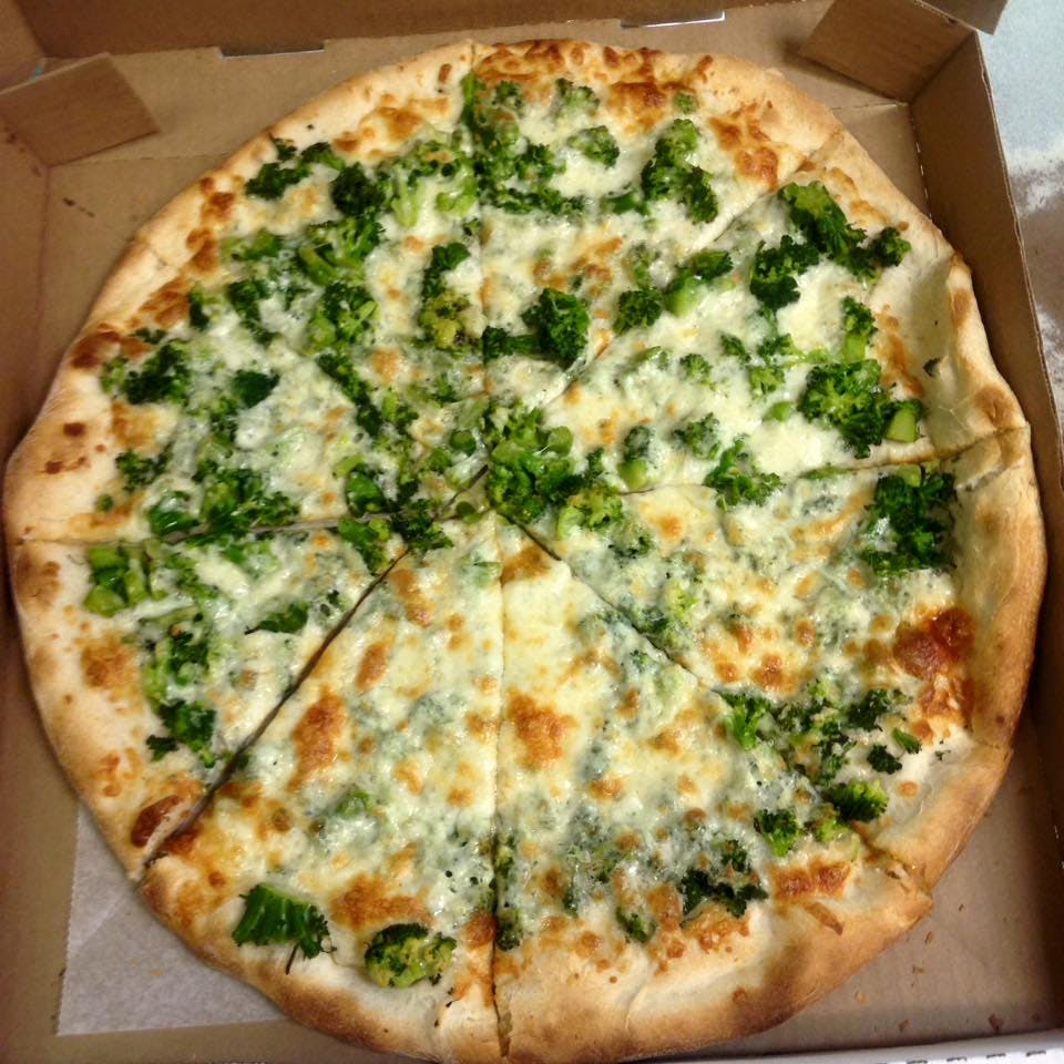 Order White Pizza with Broccoli - Medium food online from Nino's Pizzarama store, Willow Grove on bringmethat.com