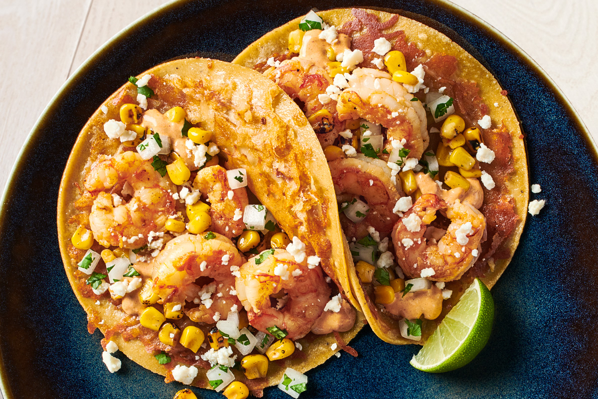 Order Mexican Street Corn Shrimp Two Taco Plate food online from Rublo Baja Grill store, Mesa on bringmethat.com