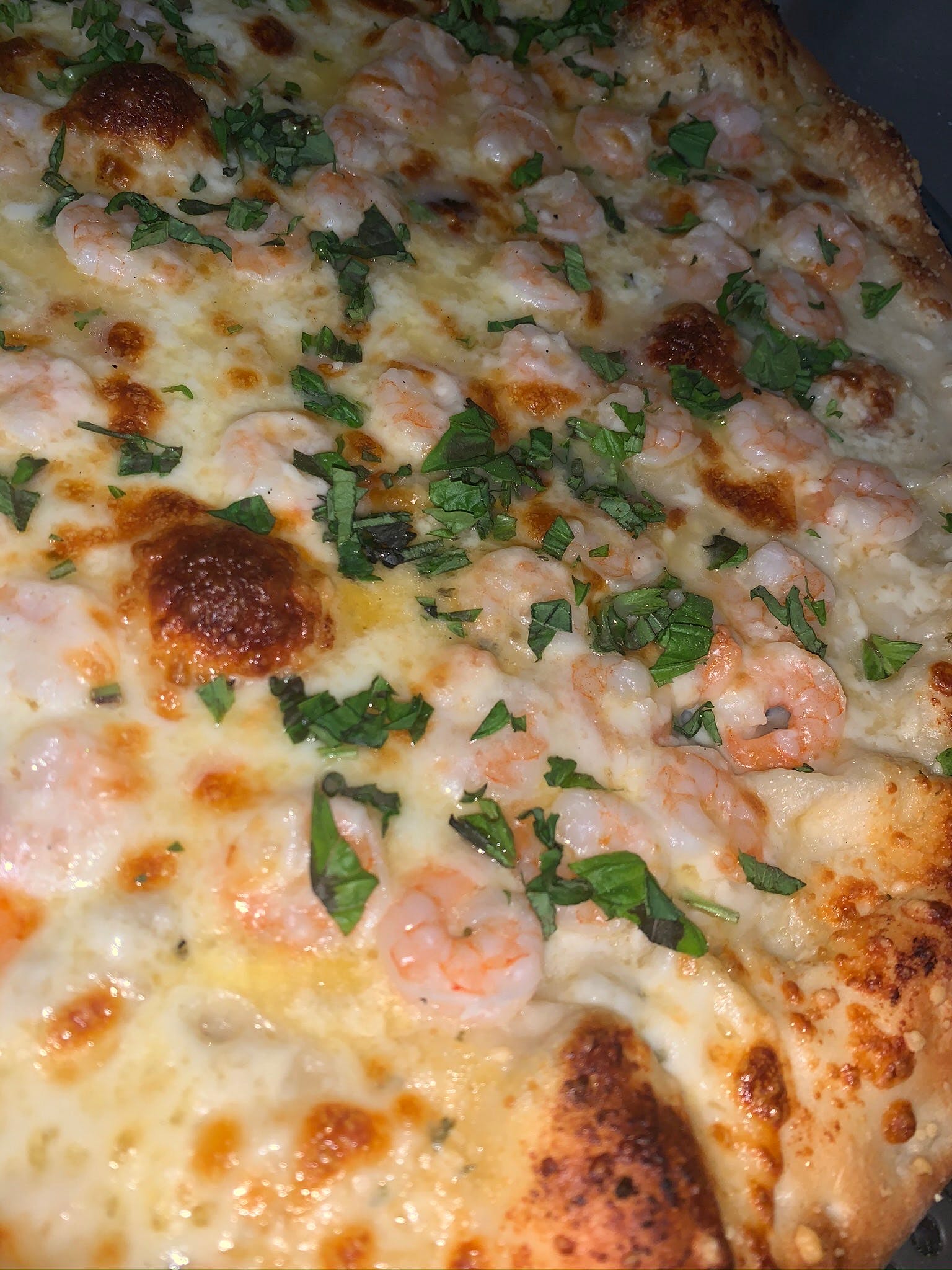 Order Shrimp Scampi Pizza - 18" food online from Santoro's Of Peabody store, Peabody on bringmethat.com