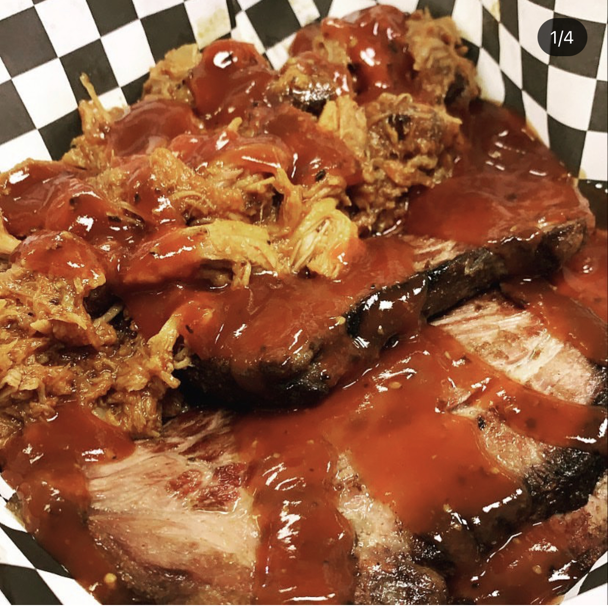 Order Pull Pork and Brisket Plate food online from Meme Texas Bbq Smokehouse store, East Los Angeles on bringmethat.com