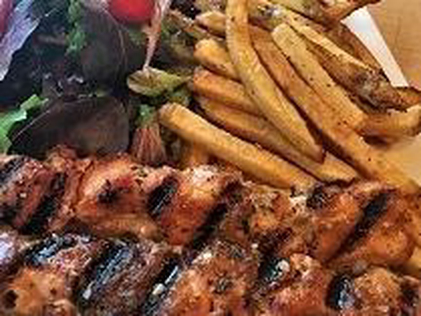 Order Chicken & Shrimp Souvlaki Platter (Halal) food online from Gyro Gyro store, Hartsdale on bringmethat.com