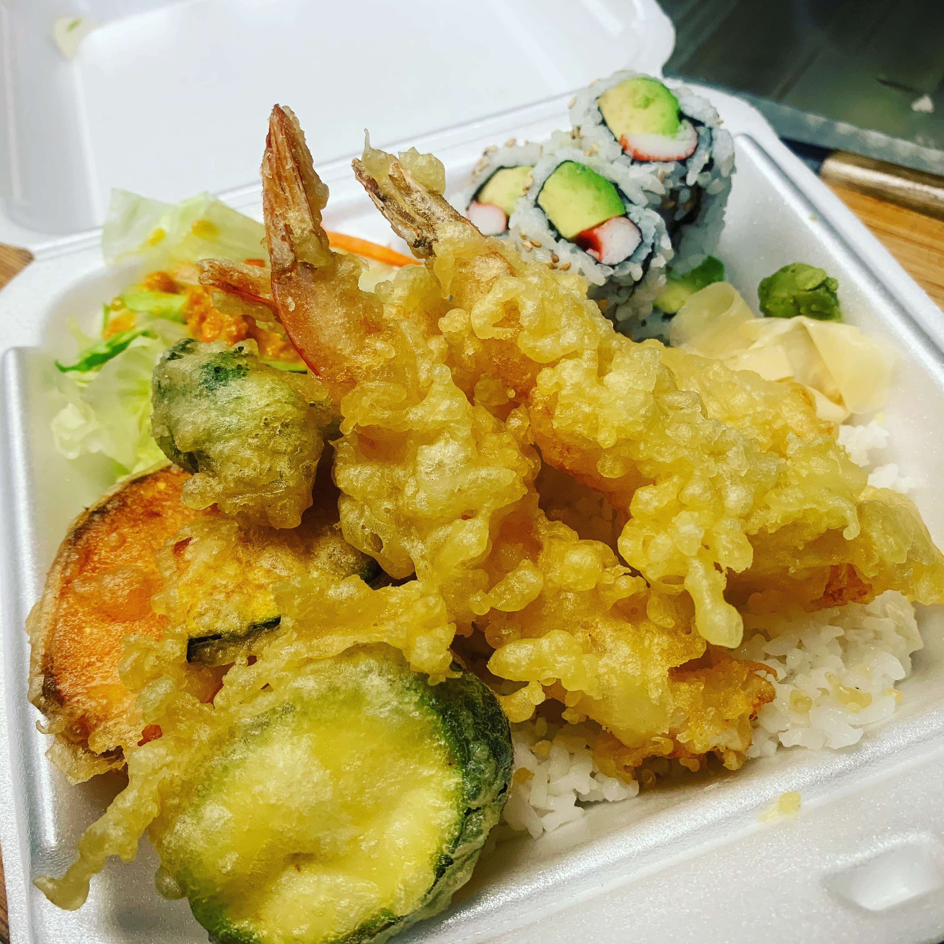 Order 3 Shrimp & Veg. Tempura Bento Box Combination food online from RAWR Sushi store, Springfield on bringmethat.com