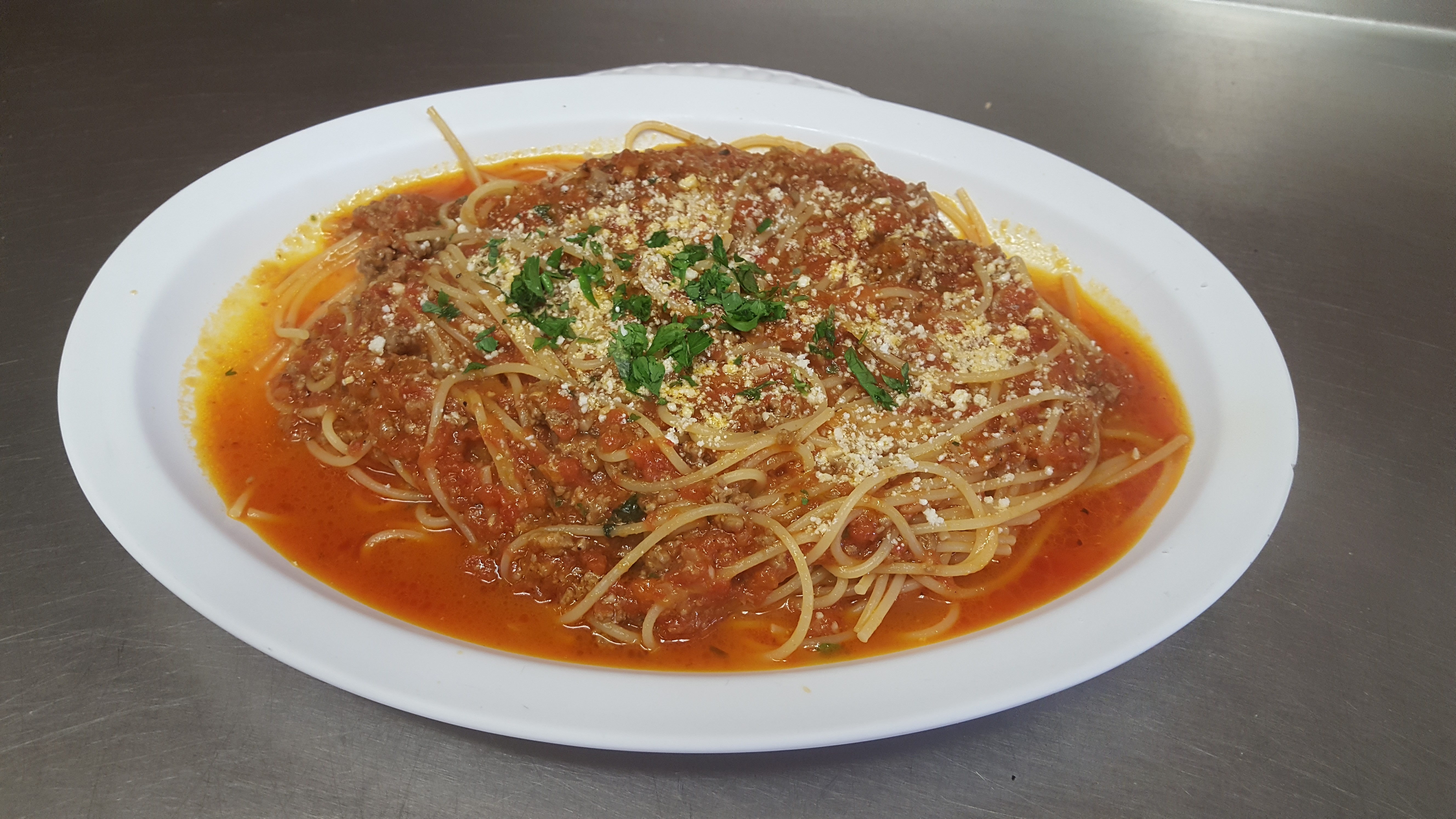 Order Spaghetti with Meat Sauce food online from Pizzarelli's Pizza store, Scarsdale on bringmethat.com