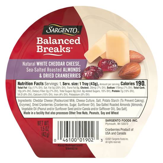 Order Sargento Balanced Breaks Sharp White Cheddar with Almond & Cranberry 1.5oz food online from Everyday Needs by Gopuff store, Omaha on bringmethat.com