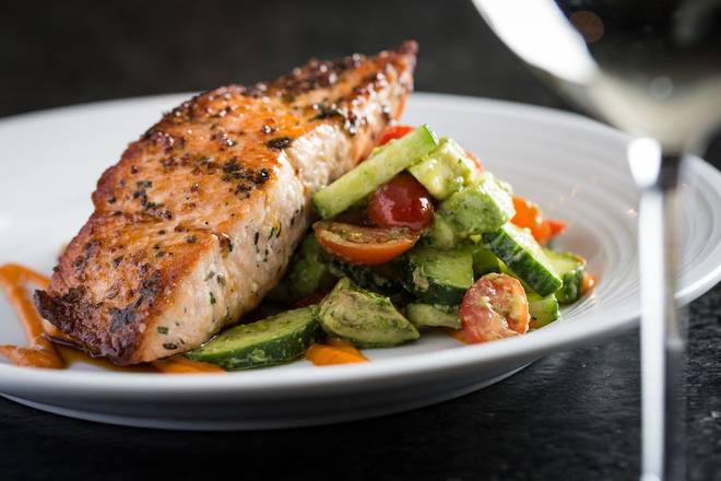 Order Maple Glazed Salmon - available 3pm-9pm food online from Pinstripes store, South Barrington on bringmethat.com