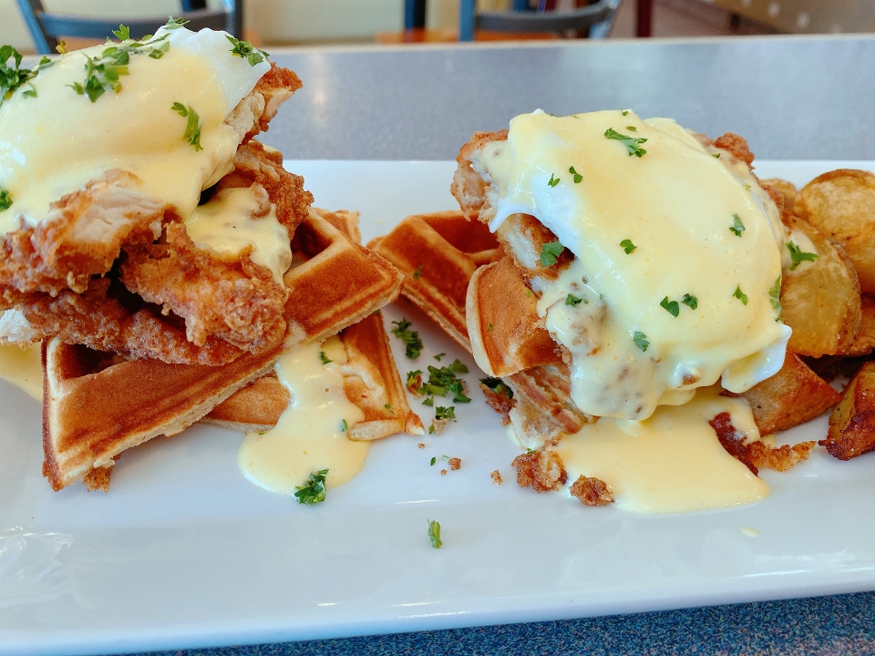 Order FRIED CHICKEN AND WAFFLES EGGS BENEDICT food online from Meeting Street Cafe store, Providence on bringmethat.com