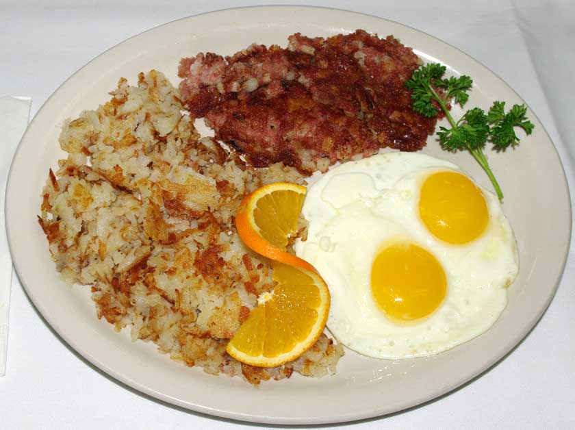 Order 2 Eggs and Corned Beef Hash food online from Sunrise Waffle Shop store, Rancho Cordova on bringmethat.com