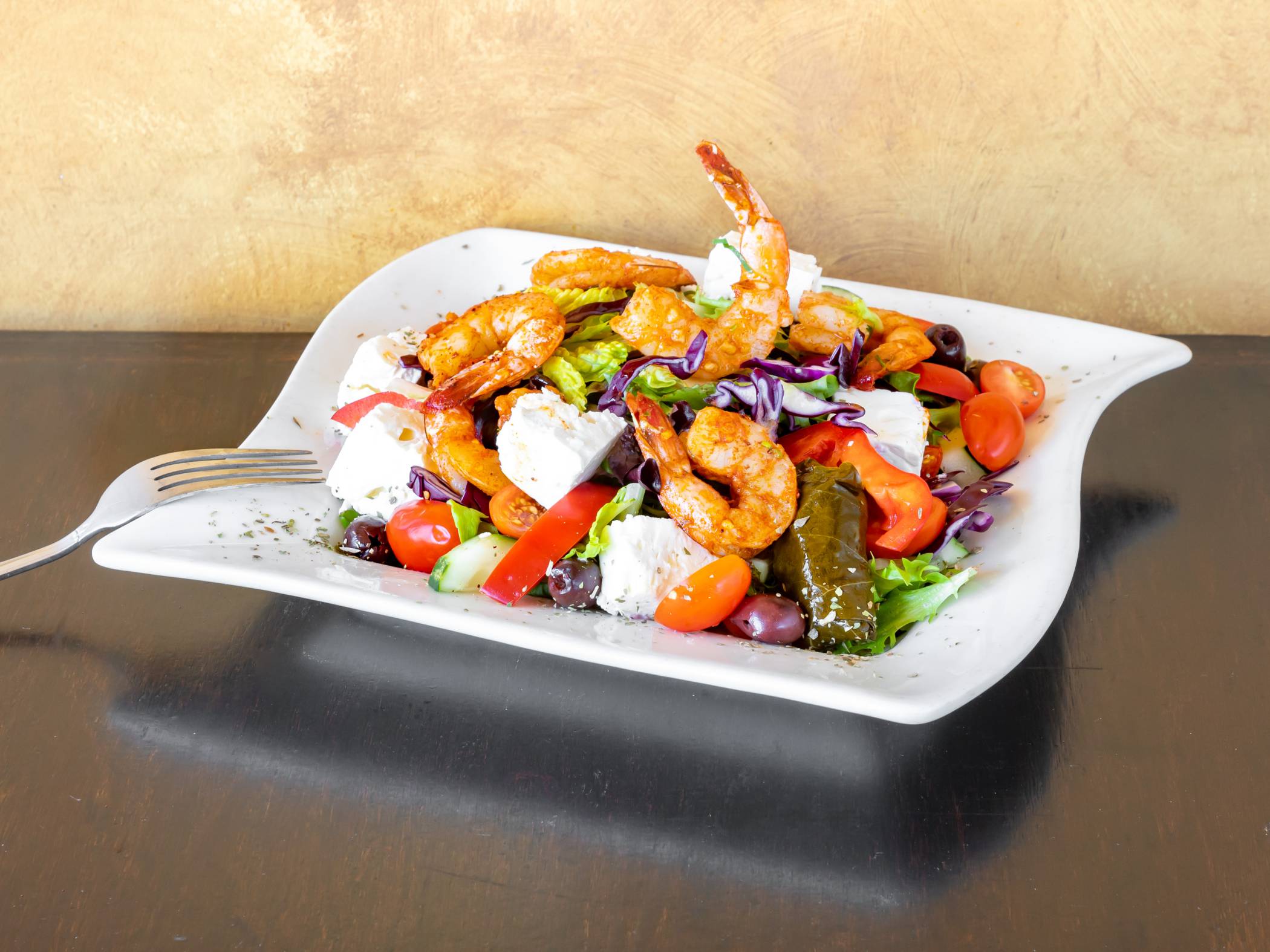 Order Grilled wild Shrimp over Greek Salad food online from Mazzat store, Brooklyn on bringmethat.com