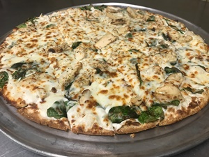 Order Thin Crust Chicken Spinach Alfredo Pizza food online from Firehouse Pizza store, East Peoria on bringmethat.com