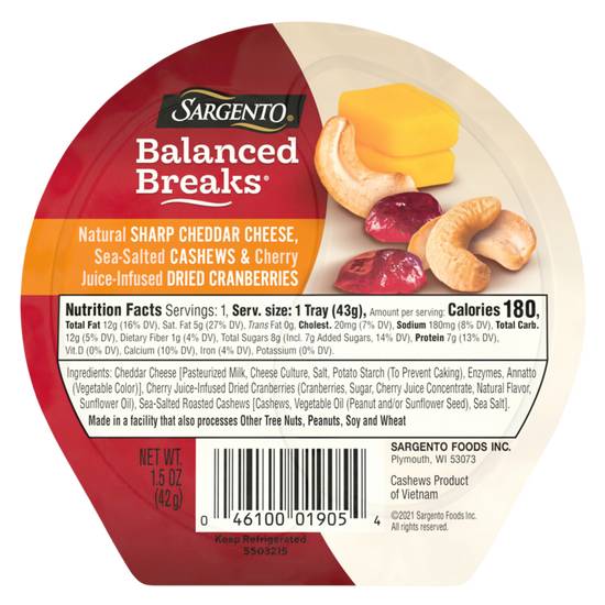 Order Sargento Balanced Breaks Sharp Cheddar with Cashews & Cranberry 1.5oz food online from Everyday Needs By Gopuff store, Littleton on bringmethat.com