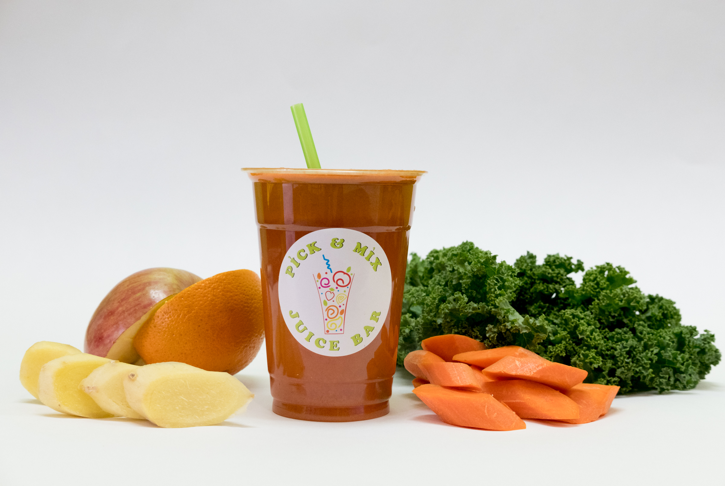 Order H4. Kale, Orange, Carrot, Apple and Ginger Juice food online from Pick & Mix Juice Bar store, Burbank on bringmethat.com