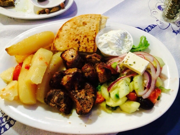 Order Pork Souvlaki Platter food online from Stamna Greek Taverna store, Bloomfield on bringmethat.com