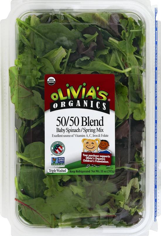 Order Olivia's Organic · Baby Spinach & Spring Mix Blend (11 oz) food online from Shaw's store, Raynham on bringmethat.com