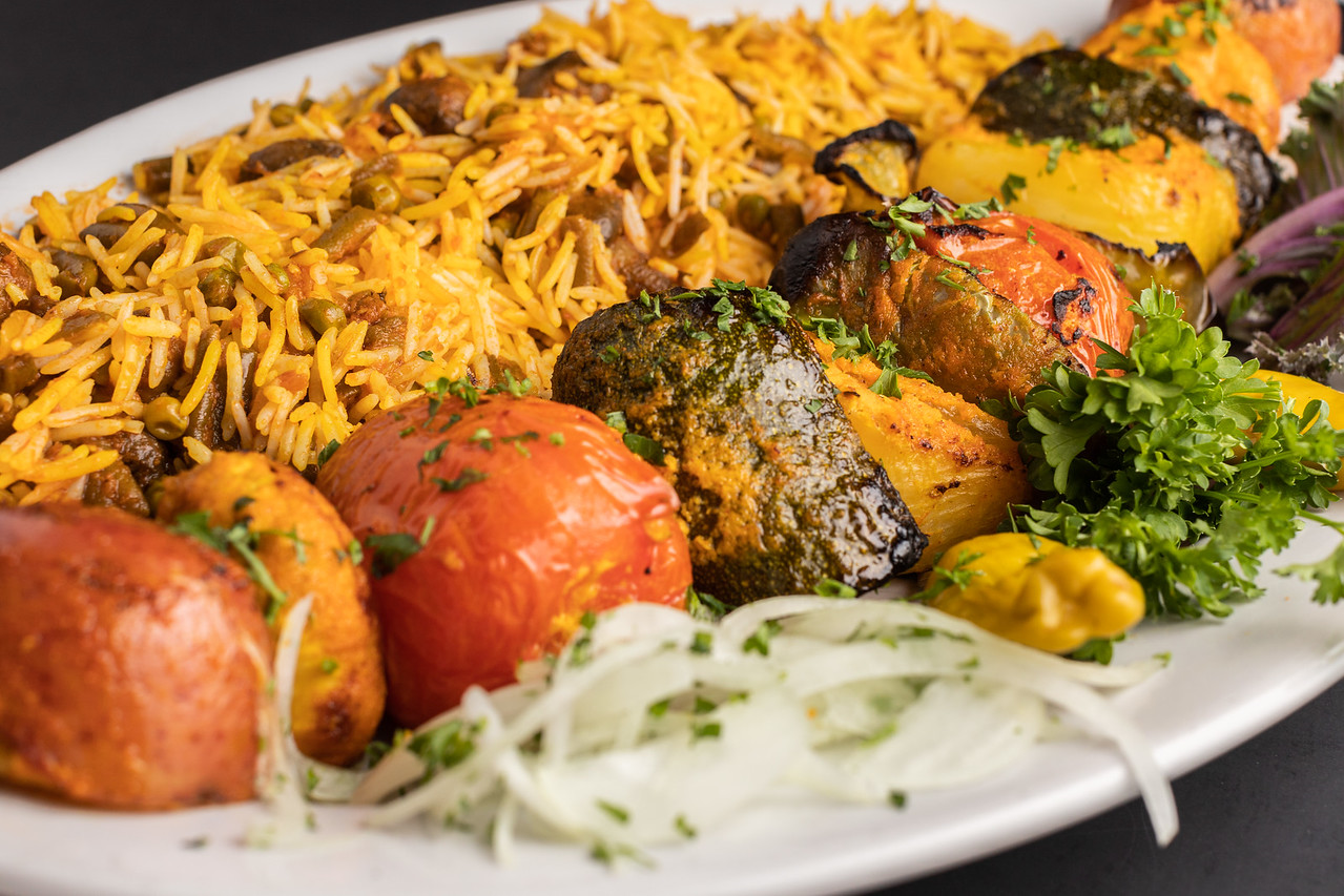 Order Vegetable Kebab with Rice Dinner food online from Persian Room store, Tucson on bringmethat.com