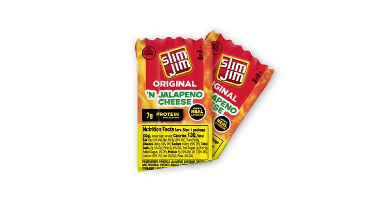 Order Slim Jim Original 'N Jalapeno Cheese Meat Stick food online from Red Roof Market store, Lafollette on bringmethat.com