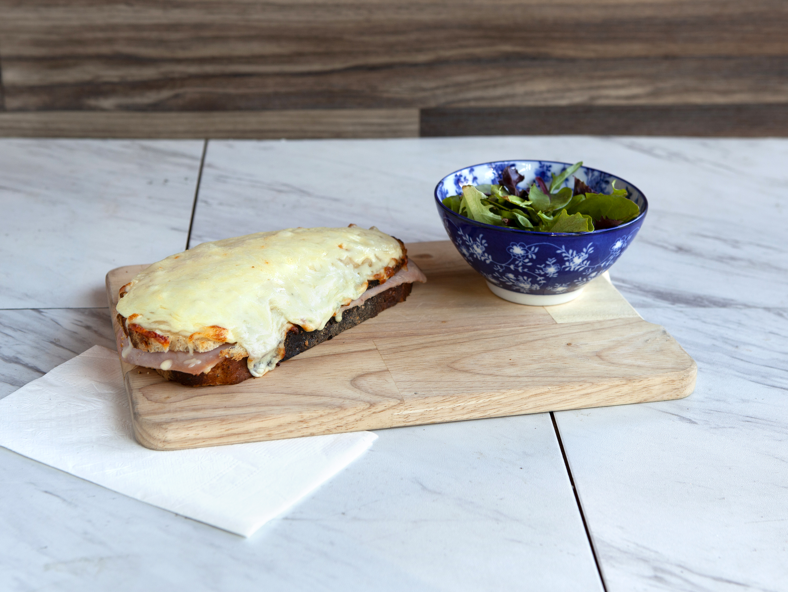 Order CROQUE MONSIEUR (served with green salad) food online from The Place To Be store, Santa Monica on bringmethat.com