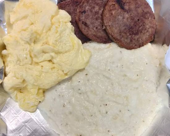 Order Pork Sausage three eggs smoked gouda grits food online from AGAPE KITCHEN & PRALINES store, Humble on bringmethat.com