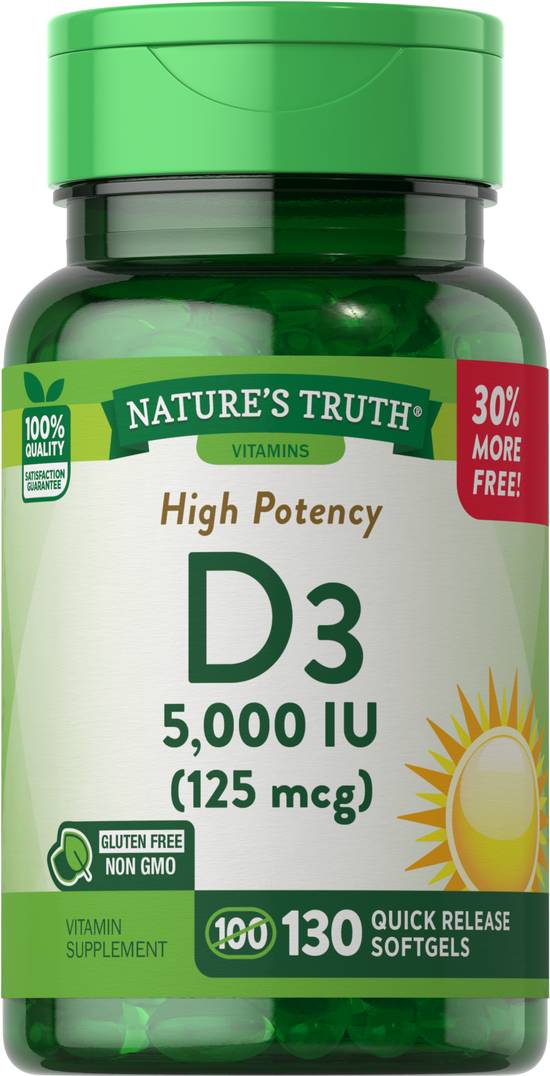 Order Nature's Truth High Potency Vitamin D3 Softgels 125 mcg 5,000 IU (130 ct) food online from Rite Aid store, Palm Desert on bringmethat.com
