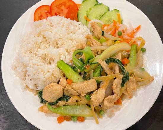 Order R6 Chicken, Ginger, Peas, and Carrots with Rice food online from Indochine Restaurant store, New Brunswick on bringmethat.com