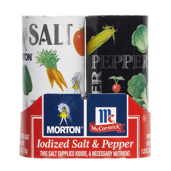 Order Morton Iodized Salt & McCormick Black Pepper Shakers set 5.25oz food online from Everyday Needs by Gopuff store, Redding on bringmethat.com