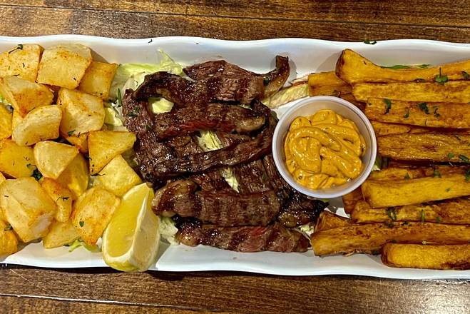 Order Grilled Top Sirloin with yucca sticks and brava potatoes (NEW) food online from Sagres Bar & Grill store, Newark on bringmethat.com