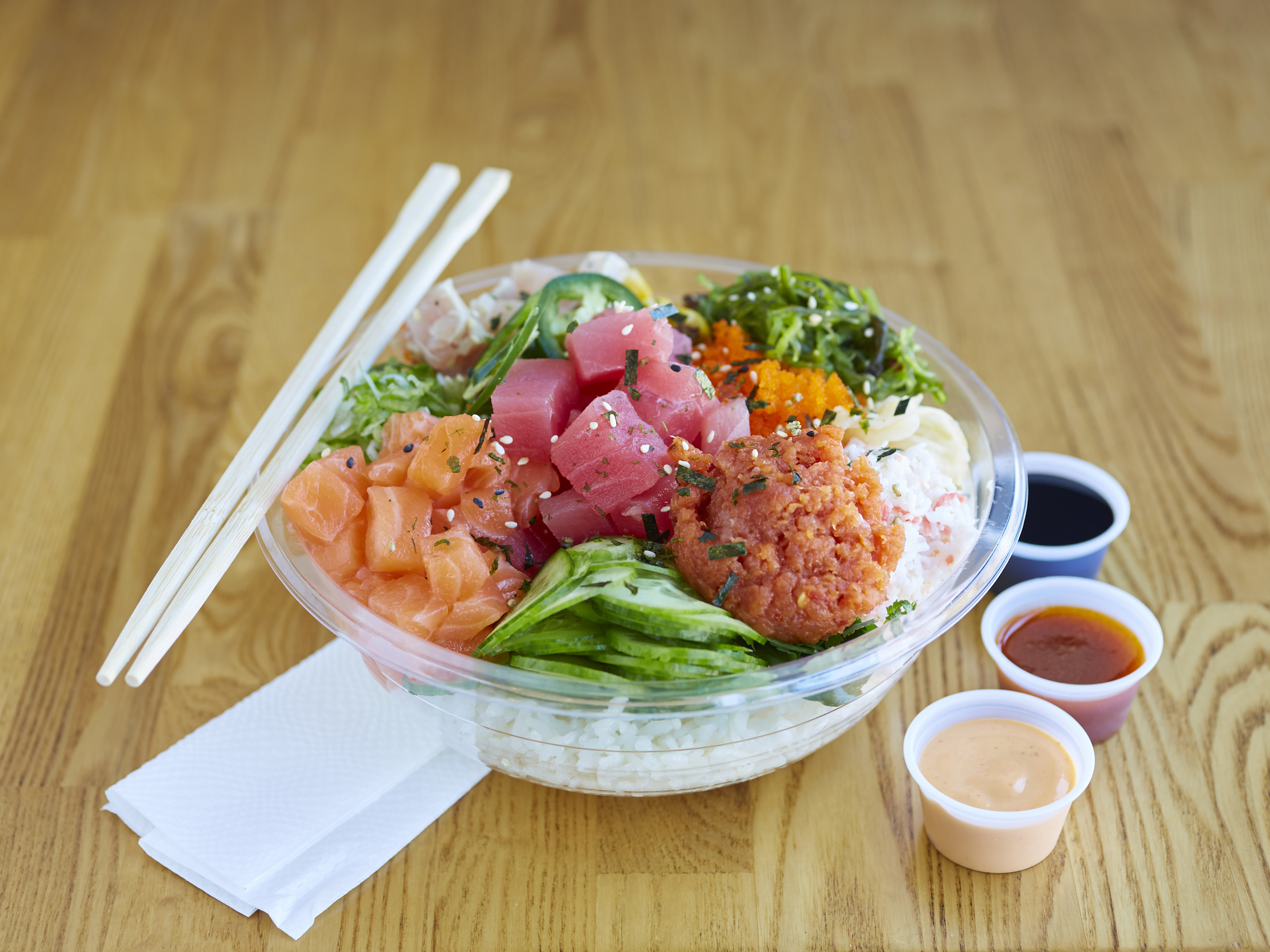 Order Poki Bowl with 4 Scoops Protein food online from Poki Bomb store, El Monte on bringmethat.com