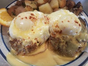 Order Maryland Blue Crab Cakes Benedict food online from Red Apple Café store, Aptos on bringmethat.com