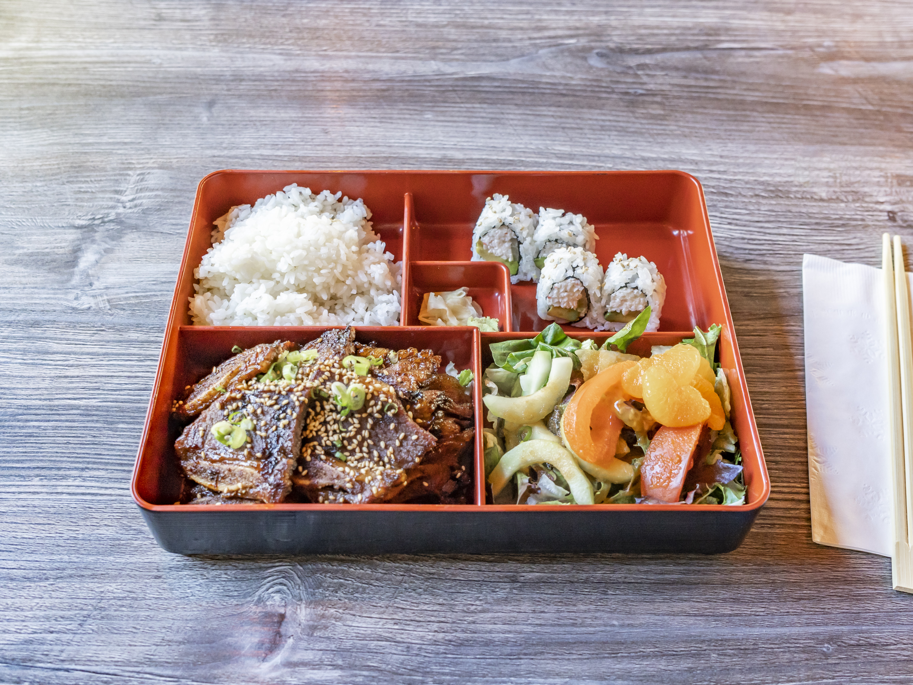 Order Beef short ribs (Galbi)  Bento food online from Nozomi 2 Sushi And Bbq store, La Jolla on bringmethat.com