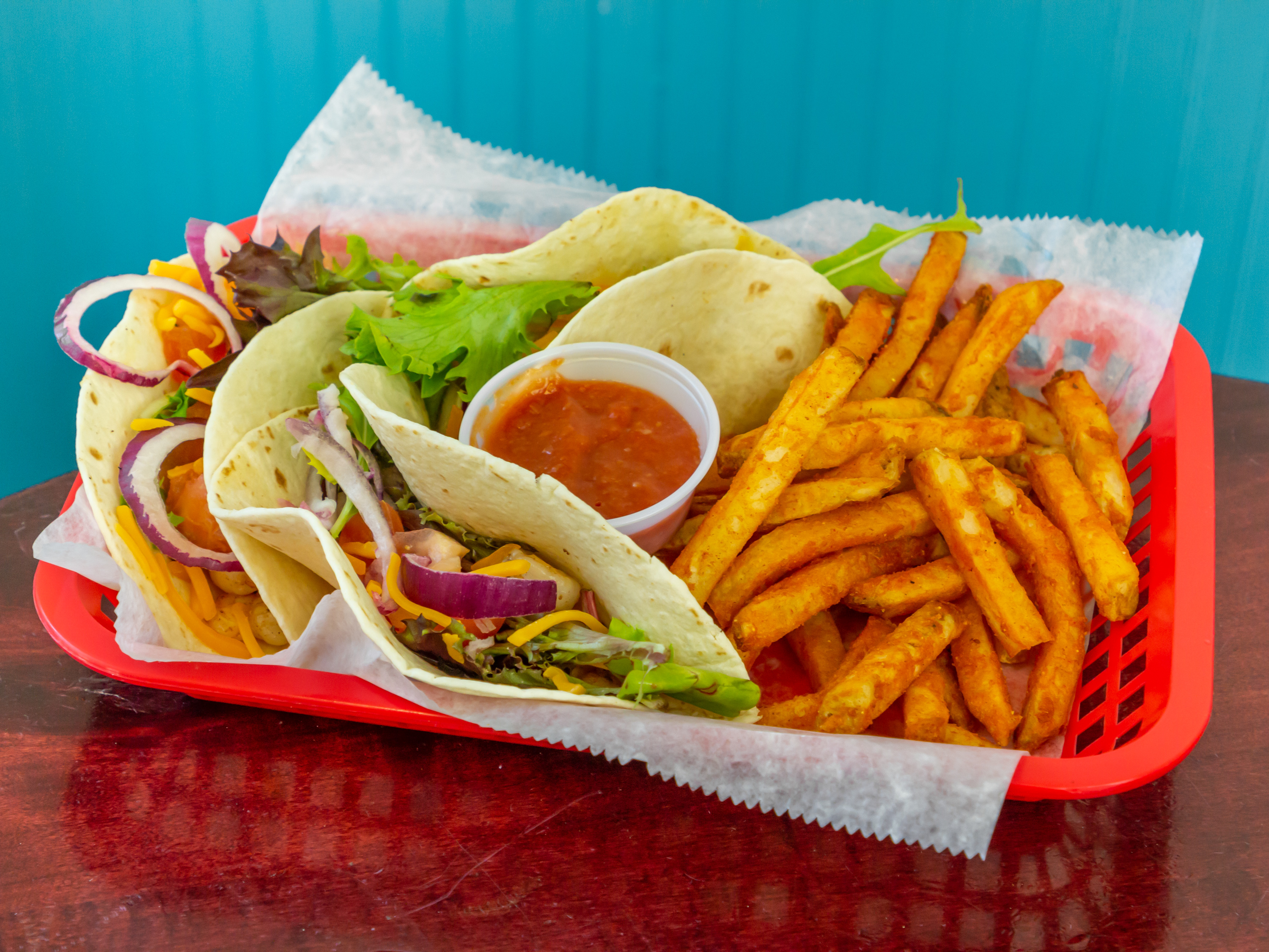 Order 3 Shrimp tacos served with fries (soft shell) food online from Ballistic Shrimp store, Albany on bringmethat.com