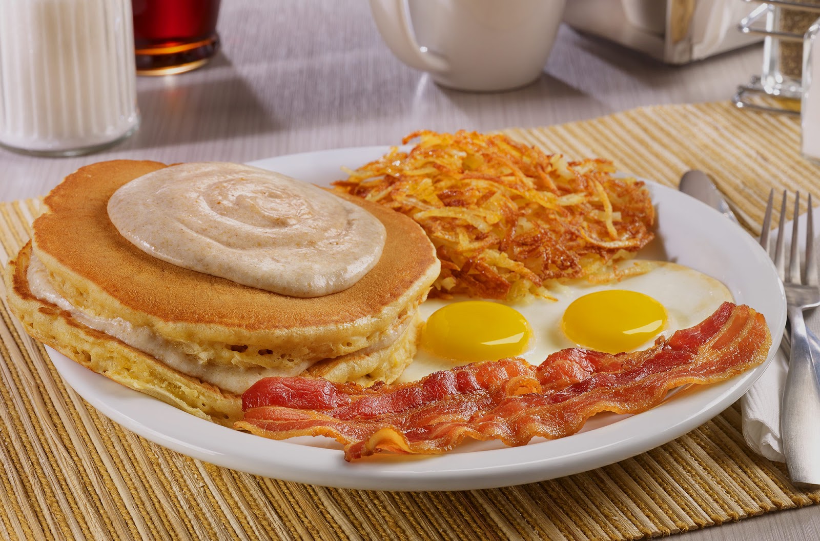 Order 2 Butter Milk Pancakes, 2 Eggs, Hash Brown and Sausage or Bacon food online from Sc Ranch Market store, San Clemente on bringmethat.com