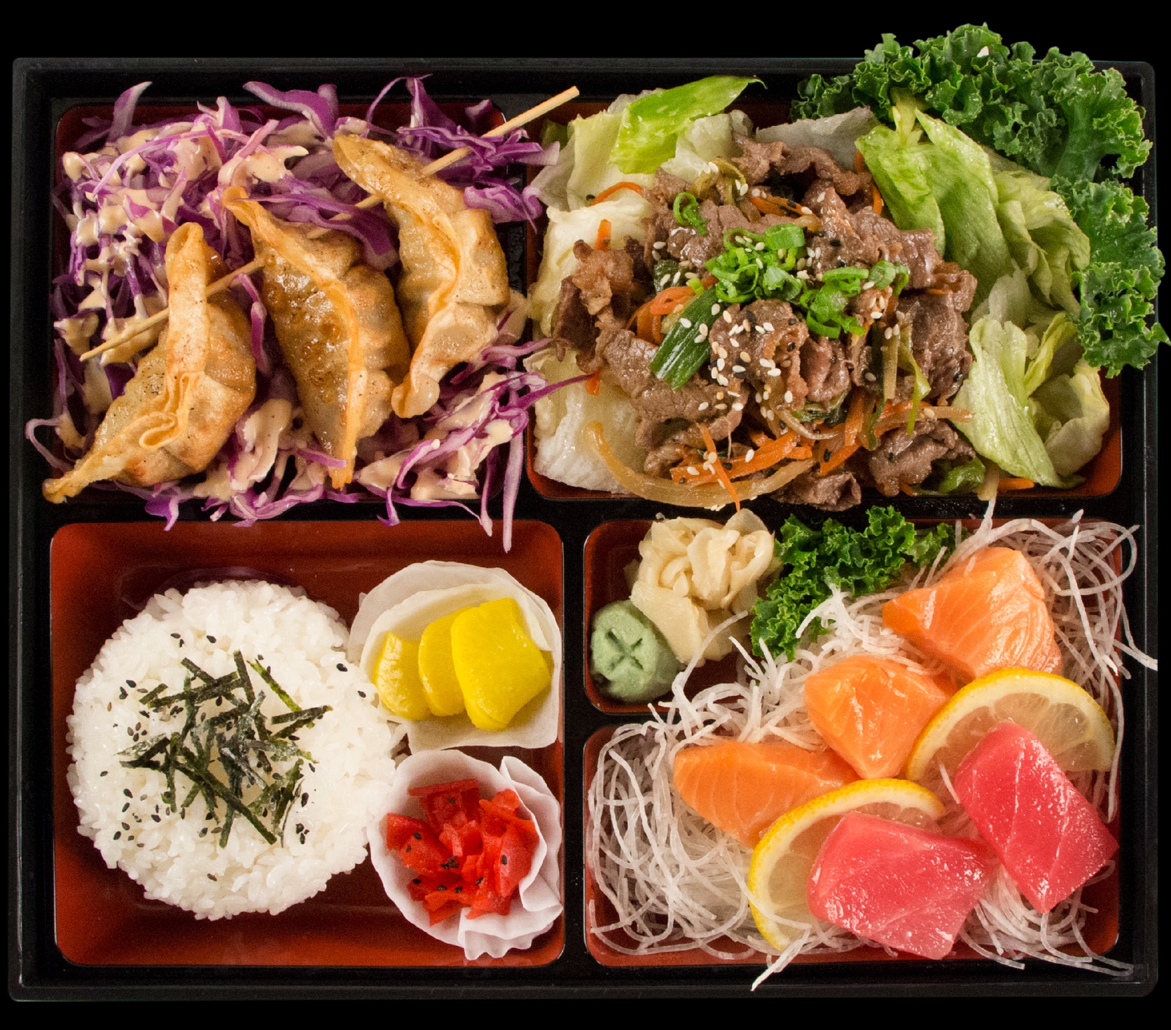 Order Bulgogi & Sashimi Dinner Bento food online from Genji Sushi Express store, Wynnewood on bringmethat.com
