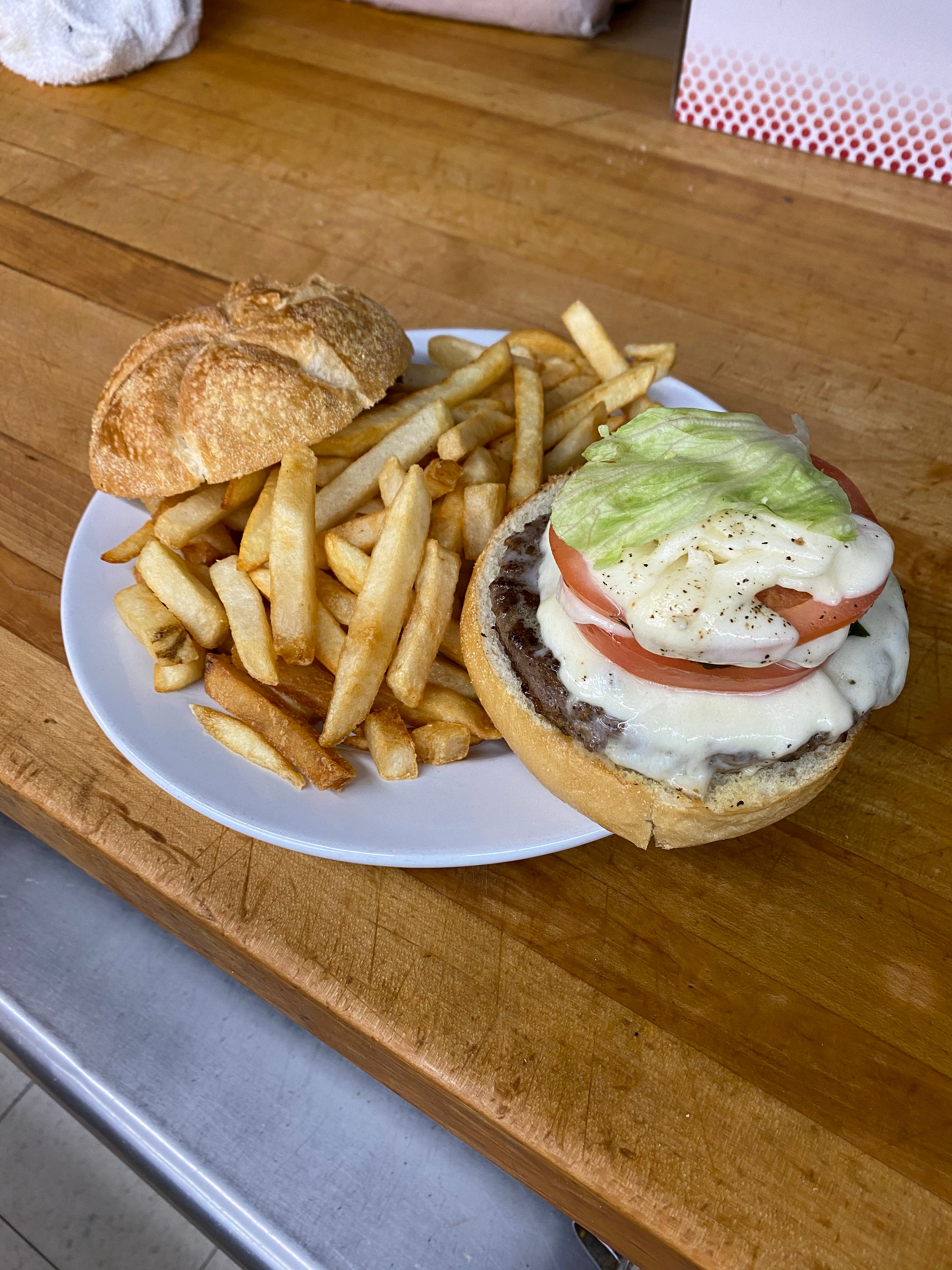 Order Caprese Burger - Burger food online from Andre's Pizza store, Oxford on bringmethat.com