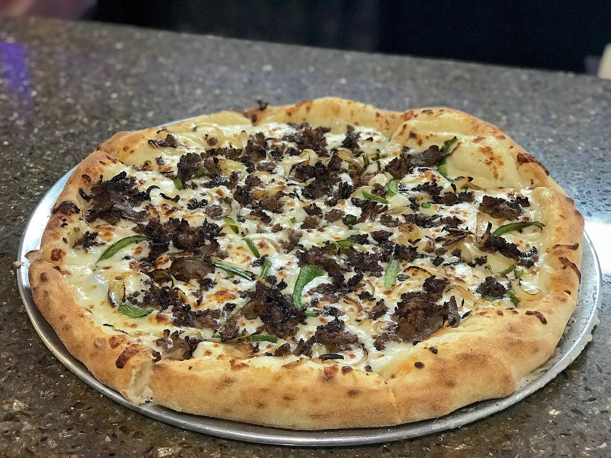 Order Philly Steak & Cheese Pizza - Personal 8" (4 Slices) food online from Vin Trofeo Pizzeria & Pub store, Mt Pleasant on bringmethat.com