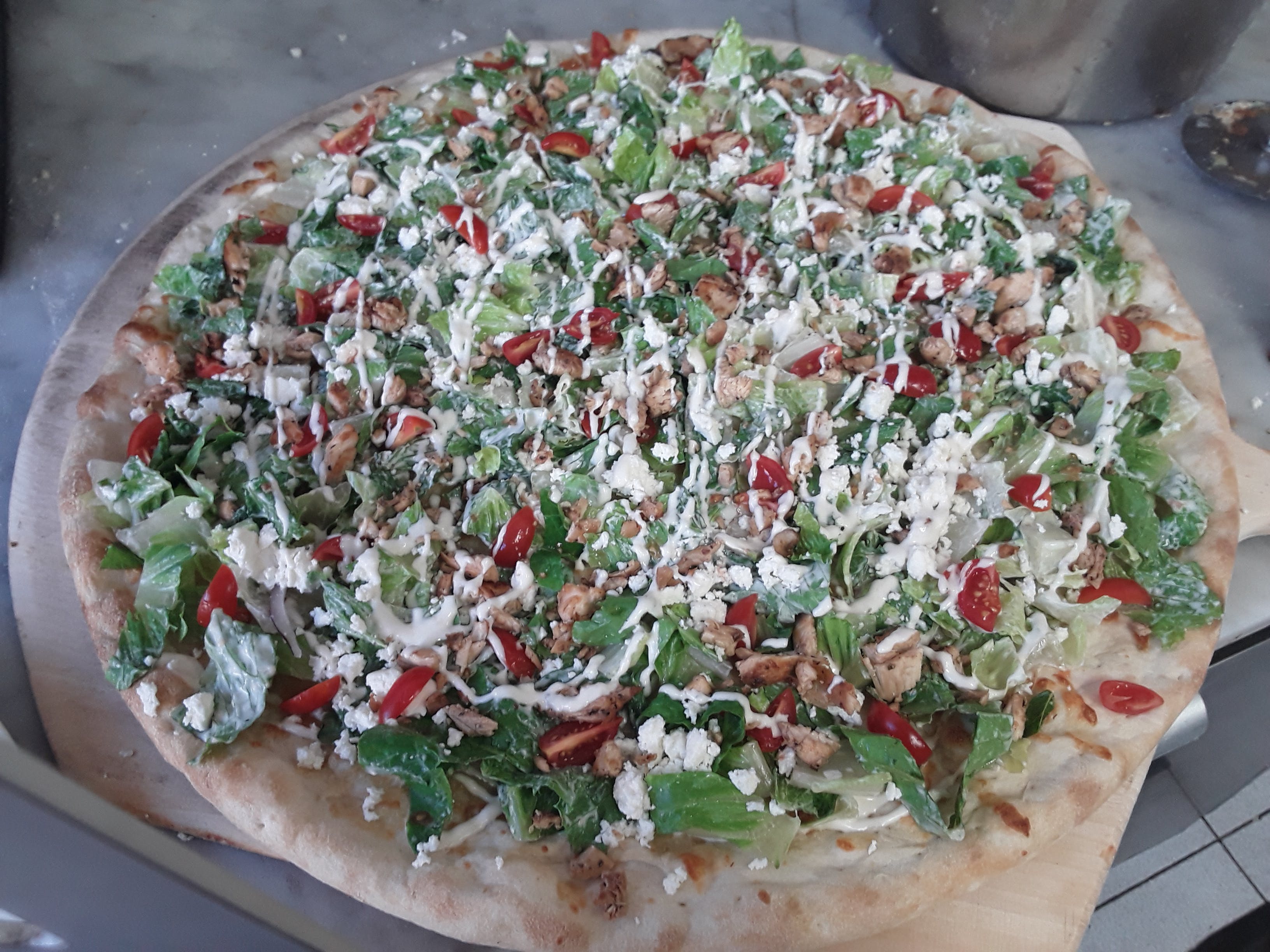 Order Greek Chicken Salad Pizza - Large 16'' food online from Brooklyn's Pizza store, Irvington on bringmethat.com