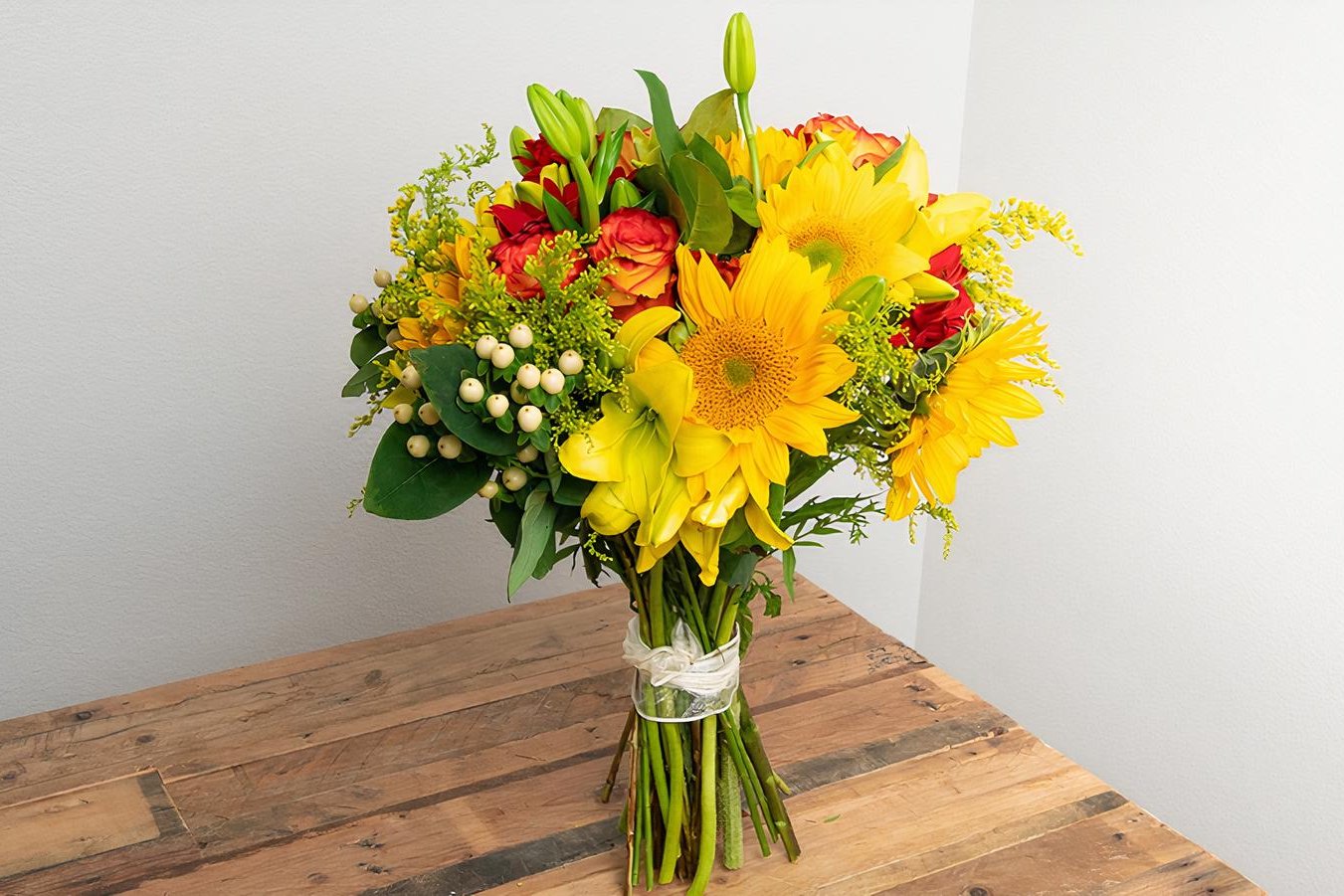 Order Yellow, Orange, Red Wrapped Bouquet food online from @Flowers store, Santa Barbara on bringmethat.com