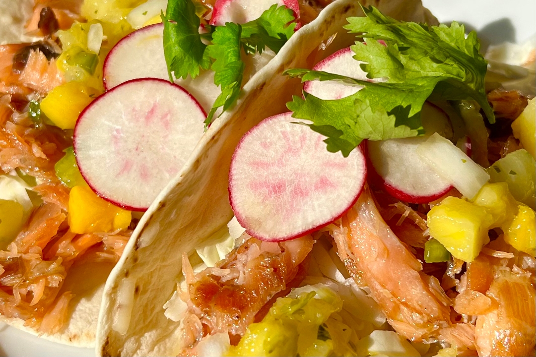Order *Caribbean Smoked Salmon Tacos food online from Seasons & Regions Seafood Grill store, Portland on bringmethat.com