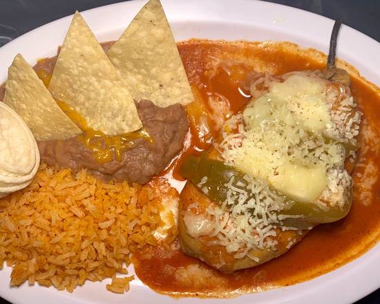 Order 1 CHILE RELLENO W/RICE & BEANS food online from Durango Taco Shop store, Las Vegas on bringmethat.com